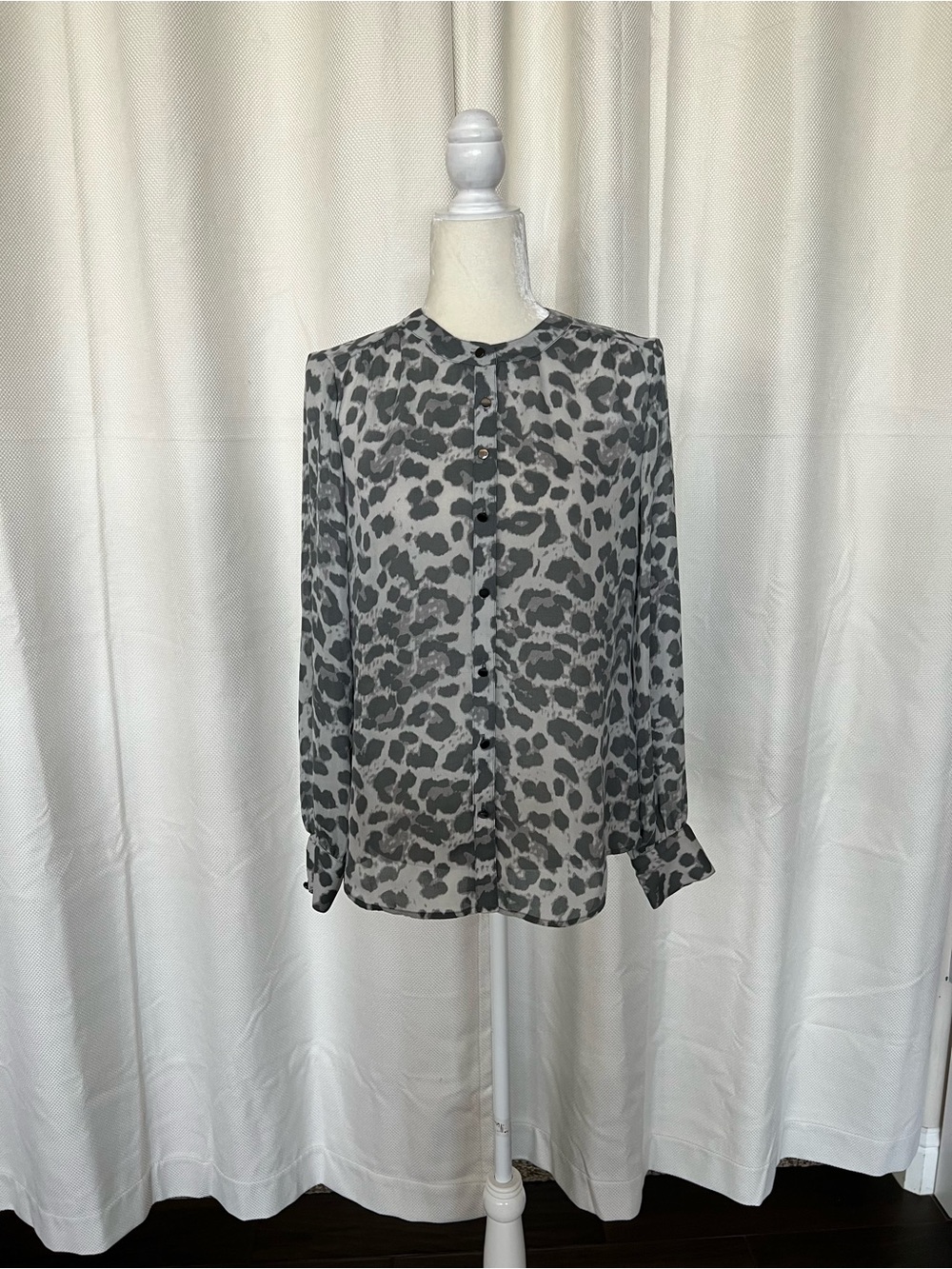 Banana Republic Gray and Black Leopard-Print Button Blouse